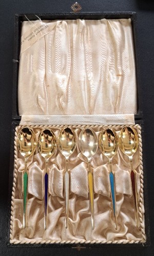 Six Enamel Denmark Demitasse .925 Sterling Silver Spoons 3 3/4