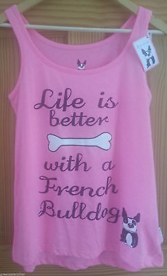 PRIMARK LADIES Life Is Better With A French Bulldog PJ vest T-Shirt  PINK 6 - 20