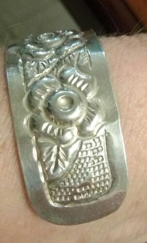 Old Mexico  Coin Silver Flower Cuff Bracelet Signed