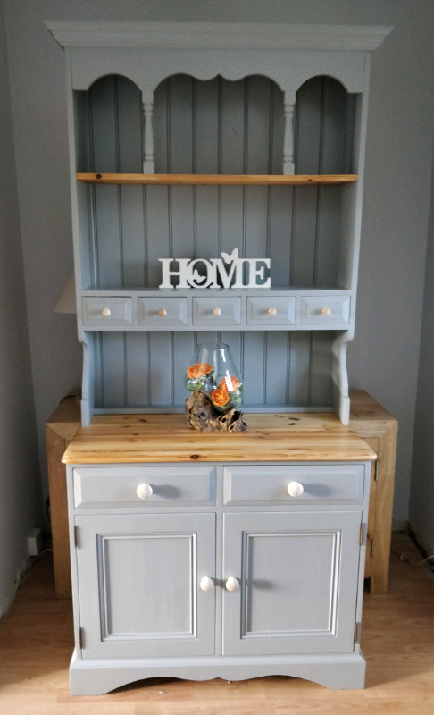 Solid Pine Welsh Dresser Sideboard Kitchen Wall Alcove Unit Grey