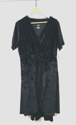 EVRI WM Plus 2X Wrap Front Crushed Velvet Velour A Line Dress Black Short Sleeve