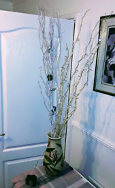 Floral vase with painted white twigs, Crystal's, fir cones & lights