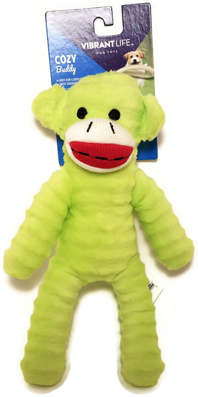 Vibrant Life Cozy Buddy Sock Monkey Plush Fetch Chew Squeaky Dog Toy Green 9