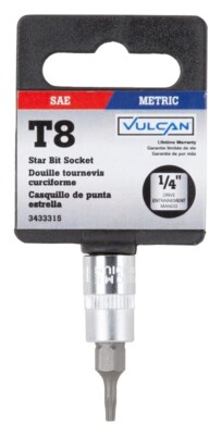 NEW VULCAN SIZE T8 TORX 1/4'' STAR BIT DRIVE SCREWDRIVER SOCKET 3433315