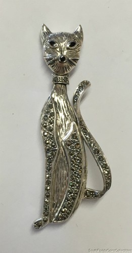 Estate Jewelry Marcasite & Enamel Cat Pin Sterling Silver 2 3/8" Long