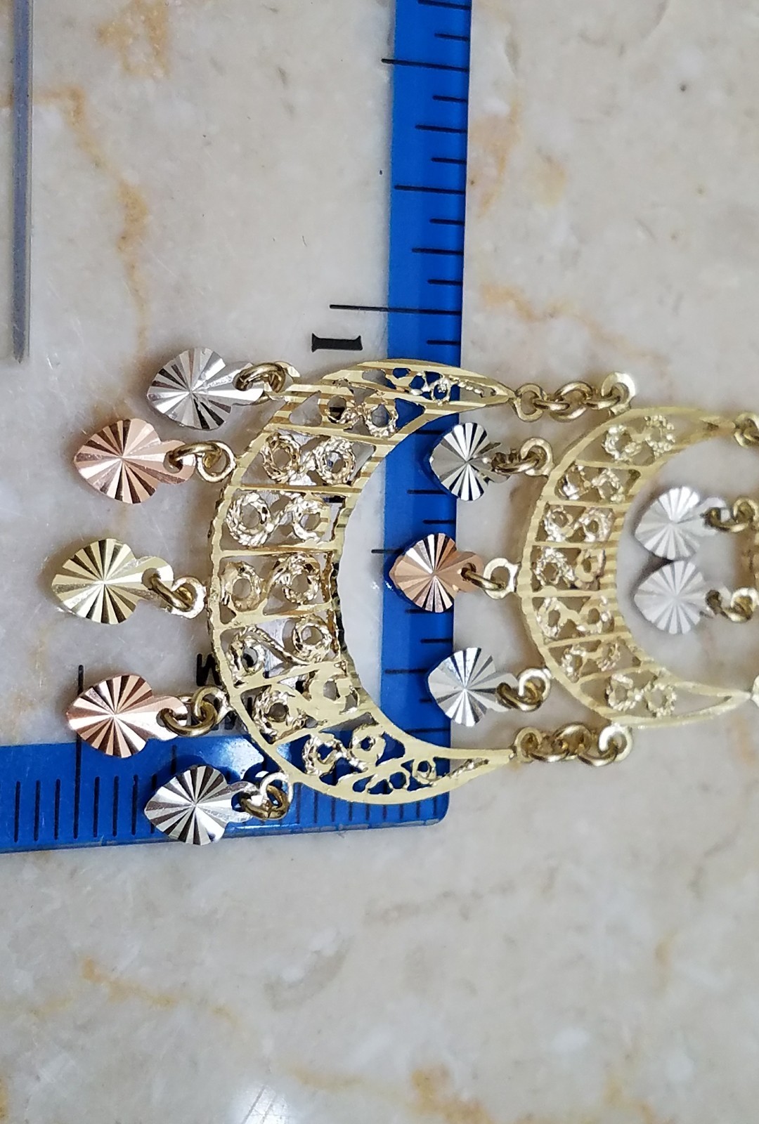 Pre-owned Handmade Gold Earring Chandelier 14k Heart Gypsy Filigree Solid Long Drop Hang 3.25" In Multicolor