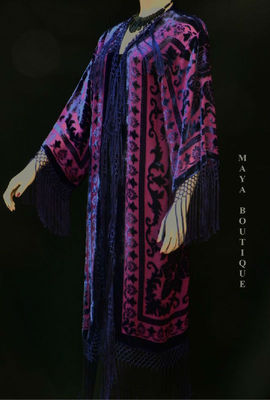 Pre-owned Maya Matazaro Fringe Jacket Kimono Burnout Velvet Silk Magenta & Purple