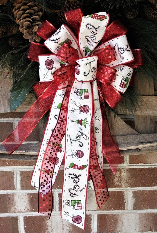 CHRISTMAS WHITE NOEL JOY REINDEER WIRED BOW WREATH SWAG GARLAND MAIL FENCE # 50