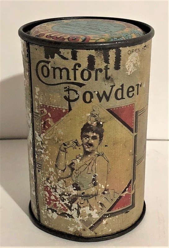 1890'S ANTIQUE ADVERTISING TIN LITHO COMFORT TALCUM POWDER TIN CAN BABY CHILD NR