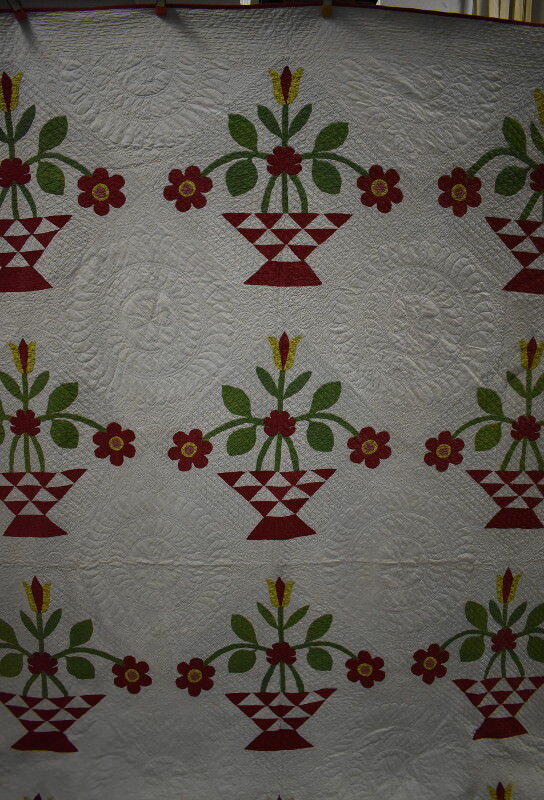 Red and Green Applique Flower Basket Quilt, Large Size, Well Quilted,  #18509