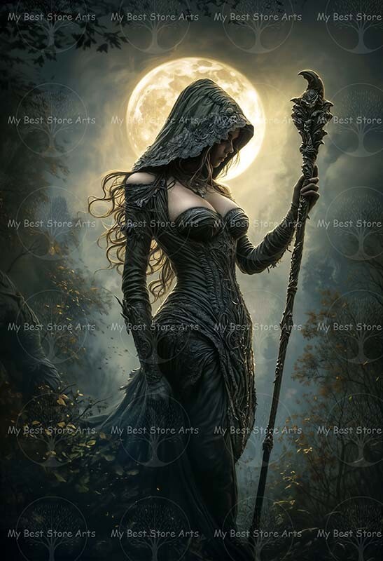 MOONLIGHT MAGE ART PRINT, Gothic Witchy Decor, Sexy Woman Fantasy Poster E739
