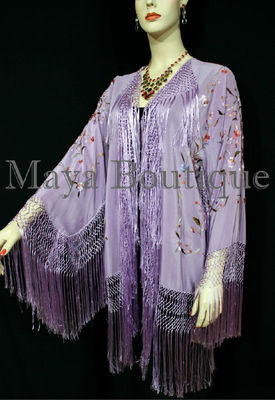 Pre-owned Maya Matazaro Embroidered Silk Fringe Jacket Kimono Lilac Multi Birds Flower Usa In Purple