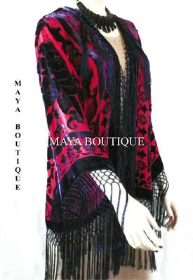 Pre-owned Maya Matazaro Burnout Velvet Silk Fringe Jacket Kimono Red & Navy