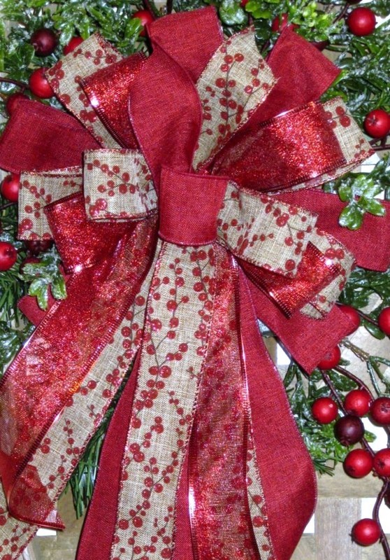 HANDMADE CHRISTMAS BOW BURGUNDY & TAN WIRED RIBBON # 60
