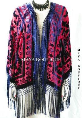 Pre-owned Maya Matazaro Burnout Velvet Silk Fringe Jacket Kimono Red & Navy