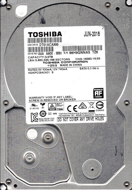 Toshiba Dt01aca300 Aaa Aa00/Bb0 P/N: Hdkpc08a0a01 S Chine 3tb