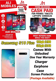 Samsung S10 Plus
Comes With
Unlocked
One Year Warranty
Charger
Earphon