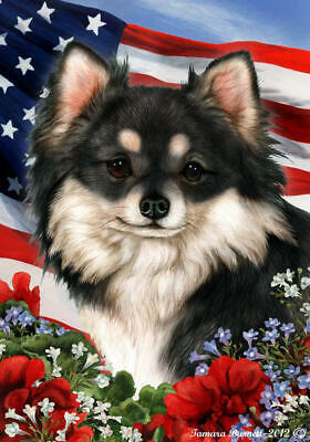 Chihuahua Black and White Longhair Patriotic Flag