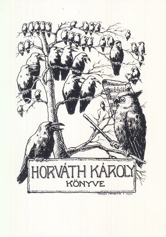Exlibris Bookplate ClichÃ© Sandor Janos Nagy 1869-1950 Eulen-Dirigent Corbeau
