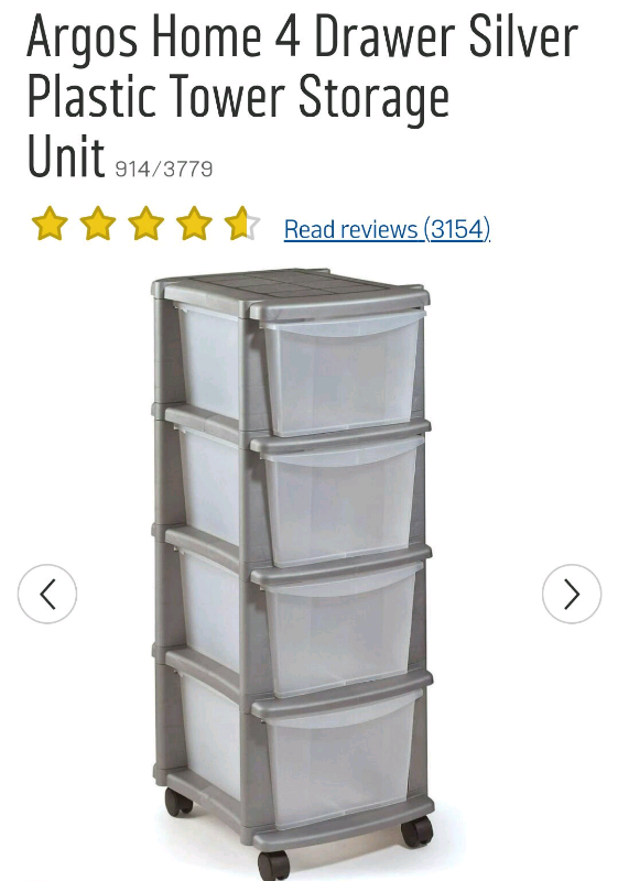 Home Storage Solutions 4 Drawer Silver Plastic Large Tower Storage