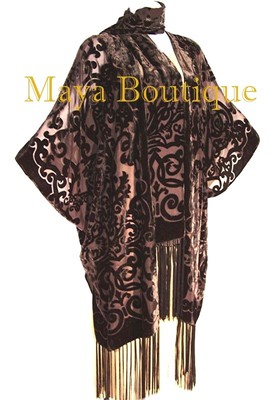 Pre-owned Maya Matazaro Coco Brown Art Nouveau Caftan Kimono Fringe Duster Burnout Velvet