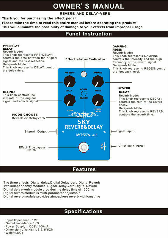 Mosky Sky Digital Delay & Reverb Guitar Effect Pedal Delay-verb True Bypass 