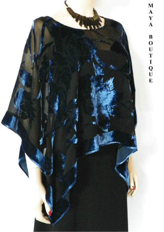 Pre-owned Maya Matazaro Silk Burnout Velvet Poncho Kimono Top Sapphire & Black No Fringe