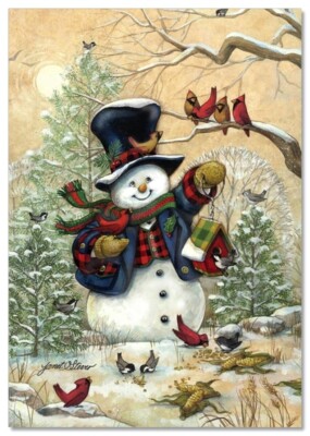 Fairytale Christmas Snowman dressed up Bird feeders Friends NEW modern postcard