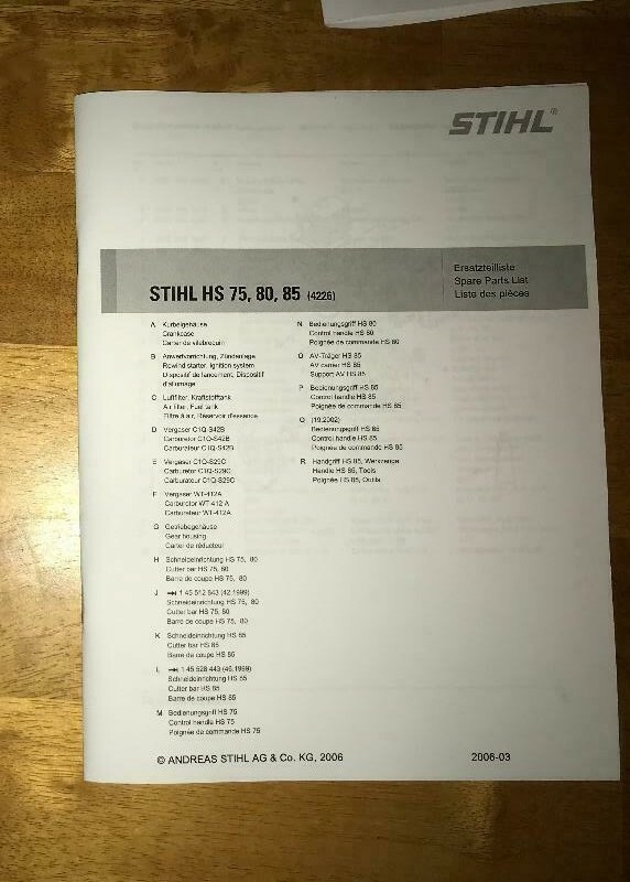 HS 75, 80, 85 Stihl Trimmer Illustrated Parts List Diagram Manual
