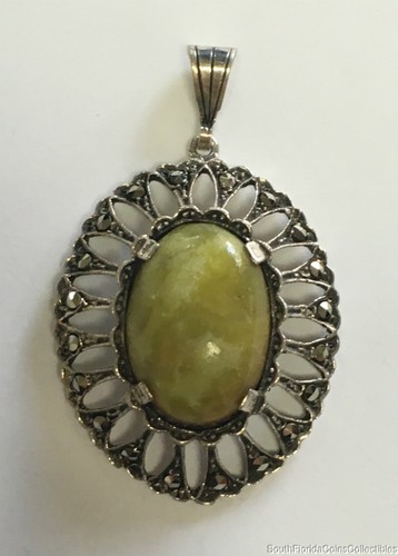 Estate Jewelry Ladies Green Gemstone Marcasite Pendant Sterling Silver 1 3/4"