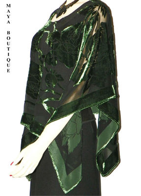 Pre-owned Maya Matazaro Silk Burnout Velvet Poncho Kimono Top Emerald & Black No Fringe  In Green