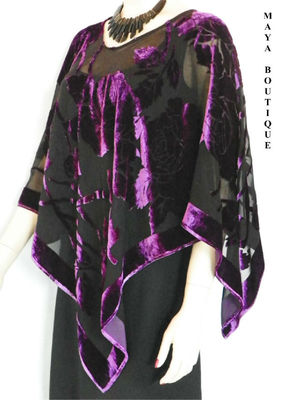 Pre-owned Maya Matazaro Silk Burnout Velvet Poncho Kimono Top Amethyst & Black No Fringe