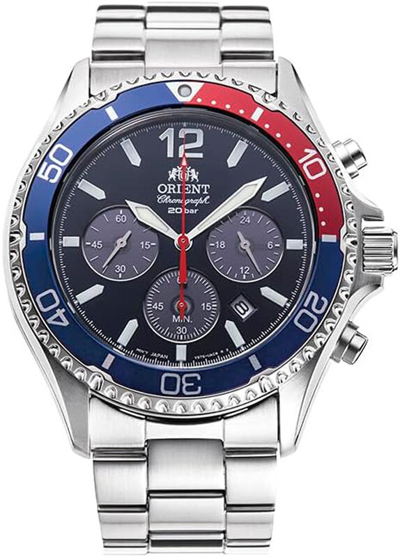 Pre-owned Orient Mako Rn-tx0201l Panda Blue Solar Chronograph Analog Men Watch Box