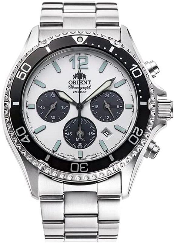 Pre-owned Orient Mako Rn-tx0203s Panda White Solar Chronograph Analog Men Watch Box
