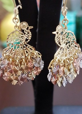 Pre-owned Handmade Gold Peacock Chandelier Earring 14k Solid Real Filigree Gypsy Long Dangle 2" In Multicolor