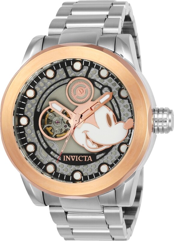 Pre-owned Invicta Disney Mickey 22744 "open Heart" Silver/rose Auto 50mm Men's W/dive Case