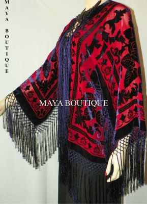 Pre-owned Maya Matazaro Burnout Velvet Silk Fringe Jacket Kimono Red & Navy