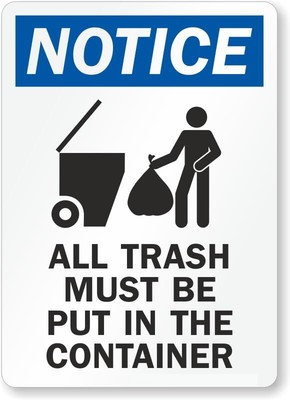 All Trash Must Be Put In Container Osha Notice Aluminum Weatherproof 12'' x 18''
