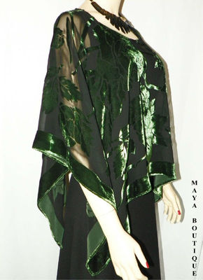 Pre-owned Maya Matazaro Silk Burnout Velvet Poncho Kimono Top Emerald & Black No Fringe  In Green