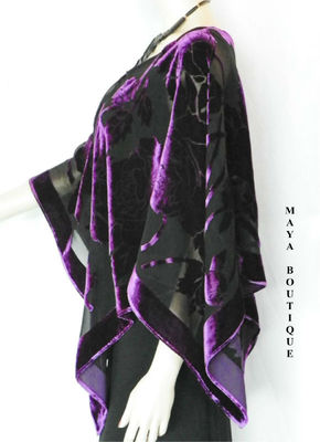 Pre-owned Maya Matazaro Silk Burnout Velvet Poncho Kimono Top Amethyst & Black No Fringe