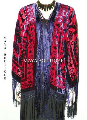 Pre-owned Maya Matazaro Burnout Velvet Silk Fringe Jacket Kimono Red & Navy