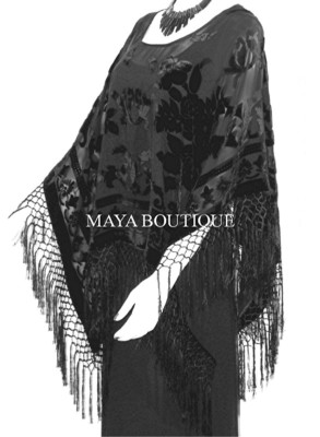 Pre-owned Maya Matazaro Black Silk Burnout Velvet Poncho Shawl Fringe Top  One Size