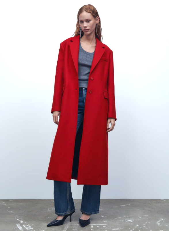 Pre-owned Zara Women Manteco Wool Blend Fitted Wool Blend Long Coat Red 8641/744