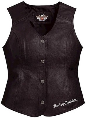 Harley-Davidson Womens Black Leather Biker Vest Snap Front 3W (26-28) 98197-11VW
