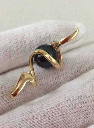 14K Yellow Gold 9mm Tahitian Pearl & Diamond Unique Design Pendant