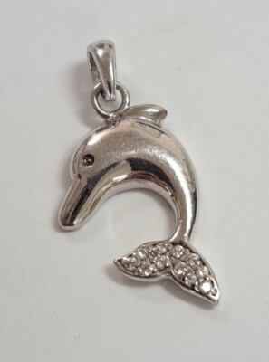 Estate Jewelry Dolphin CZ .925 Sterling Silver Pendant 1 1/8"