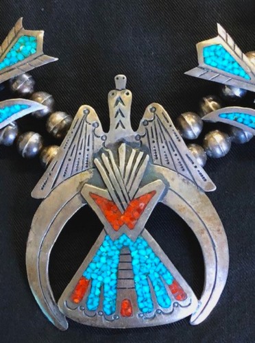 S21 Squash Blossom Necklace, Sterling, Peyote Birds, Turquoise, Coral, Wow!