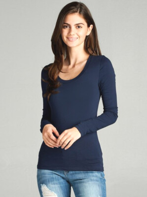 Women's Basic T-Shirt Scoop Neck Cotton Long Sleeve Solid Knit Plain Top Fitted