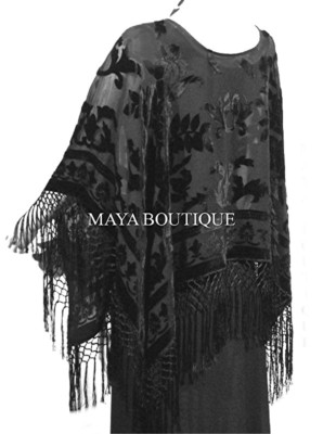 Pre-owned Maya Matazaro Black Silk Burnout Velvet Poncho Shawl Fringe Top  One Size