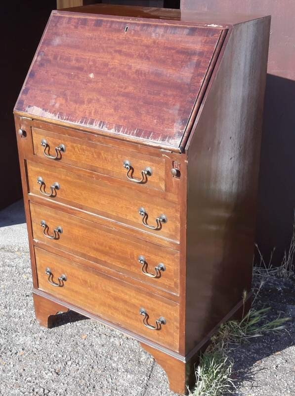 Slim Vintage Mahogany Bureau Writing Desk With Four Drawers in
